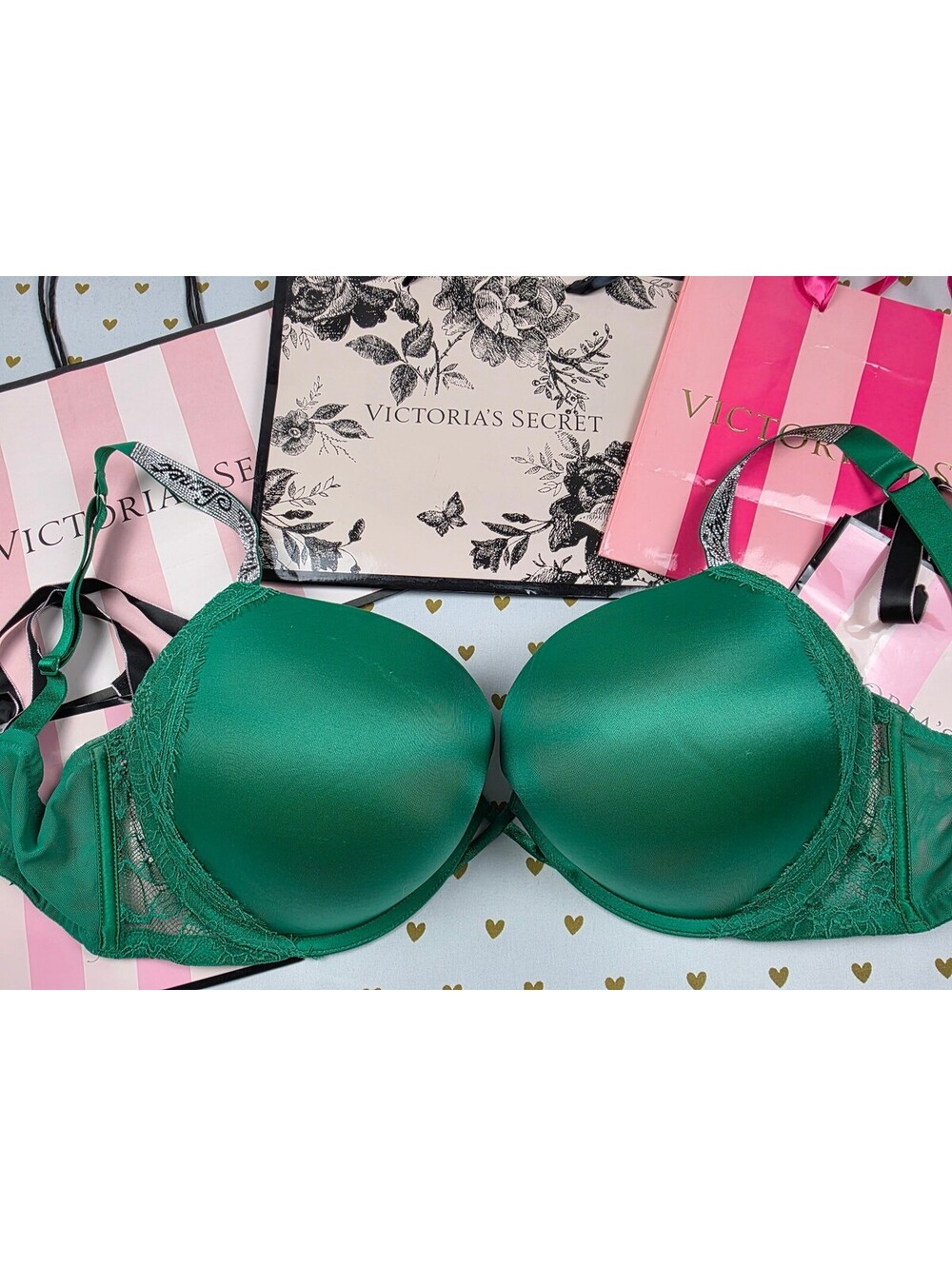 Victorias Secret Green Bombshell add 2 Sizes Bling Strap Bra Push Up 38DD Plunge